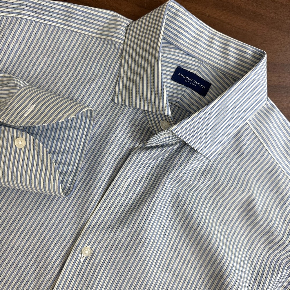 Proper Cloth Dress Shirt Blue Green Striped Wool Button Up Mens 17.5 EUC